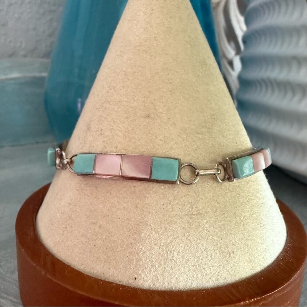 925 Sterling Silver Mother of Pearl & Turquoise Linked Bar Bracelet - Picture 8 of 11